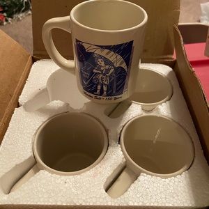 NIB Morton Salt umbrella w/ girl 4 coffee mugs Morton Salt 150 years Since 1848